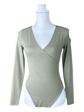 AND NOW THIS Long Sleeve Bodysuit, Color Crushed Oregano (Dusty Sage), Size XS.